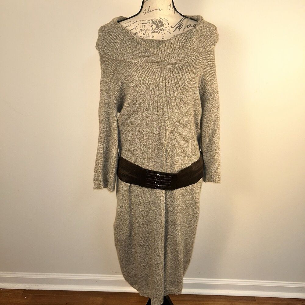 Dressbarn Sweater Dress Womens XL Gray Off Shoulder Knit Belted Cozy Midi NWT